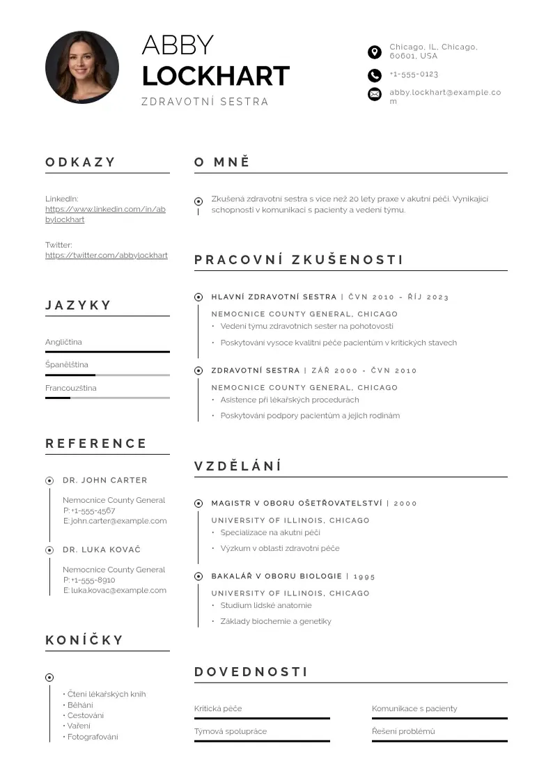 Profesionāla Zdravotni sestry CV veidne