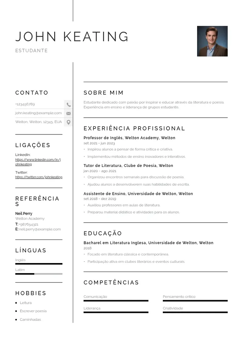 Exemplo de currículo simples de De estudante