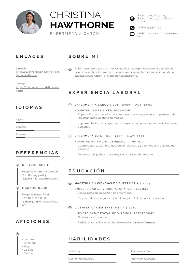 two column cv-enfermera-a-cargo resume example