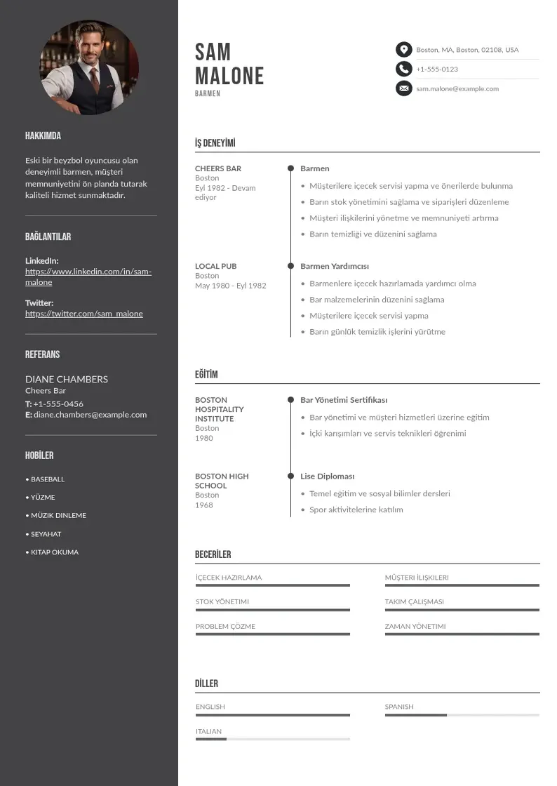 Divu kolonnu Barmen  CV piemērs