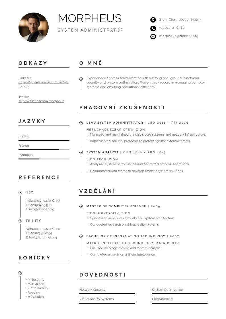 Profesionāla Spravce systemu zivotopis CV veidne