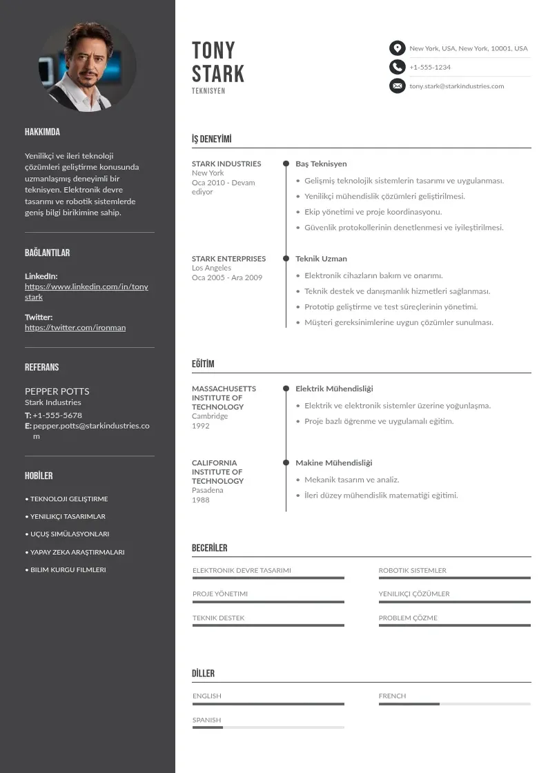 Divu kolonnu Teknisyen  ornekleri CV piemērs