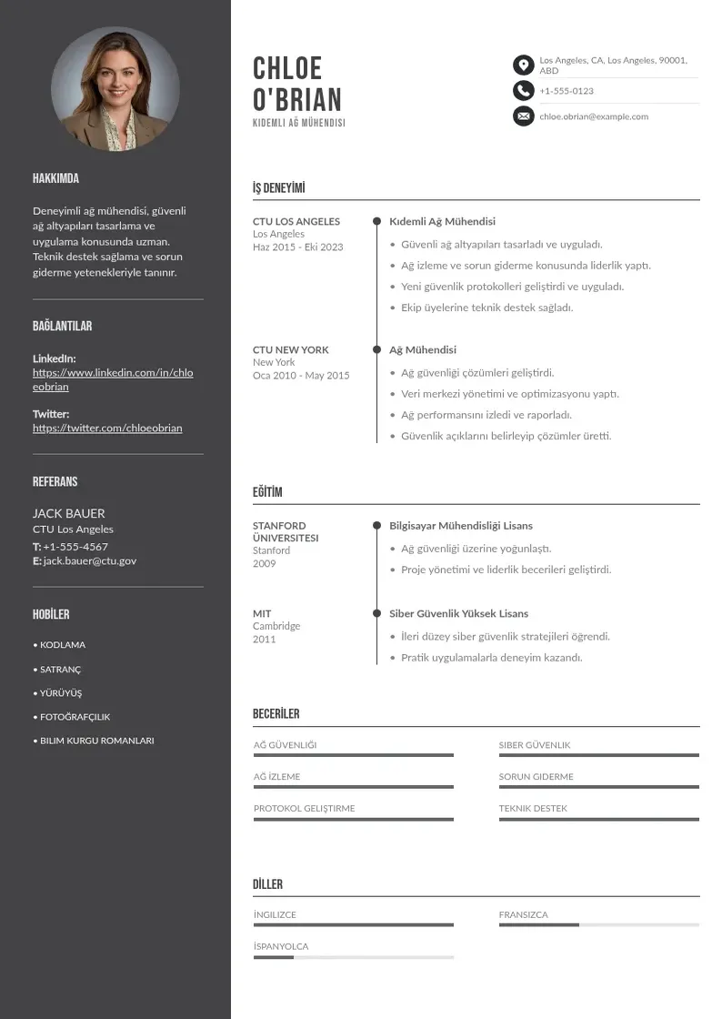 Divu kolonnu Kıdemli Ağ Mühendisi  CV piemērs