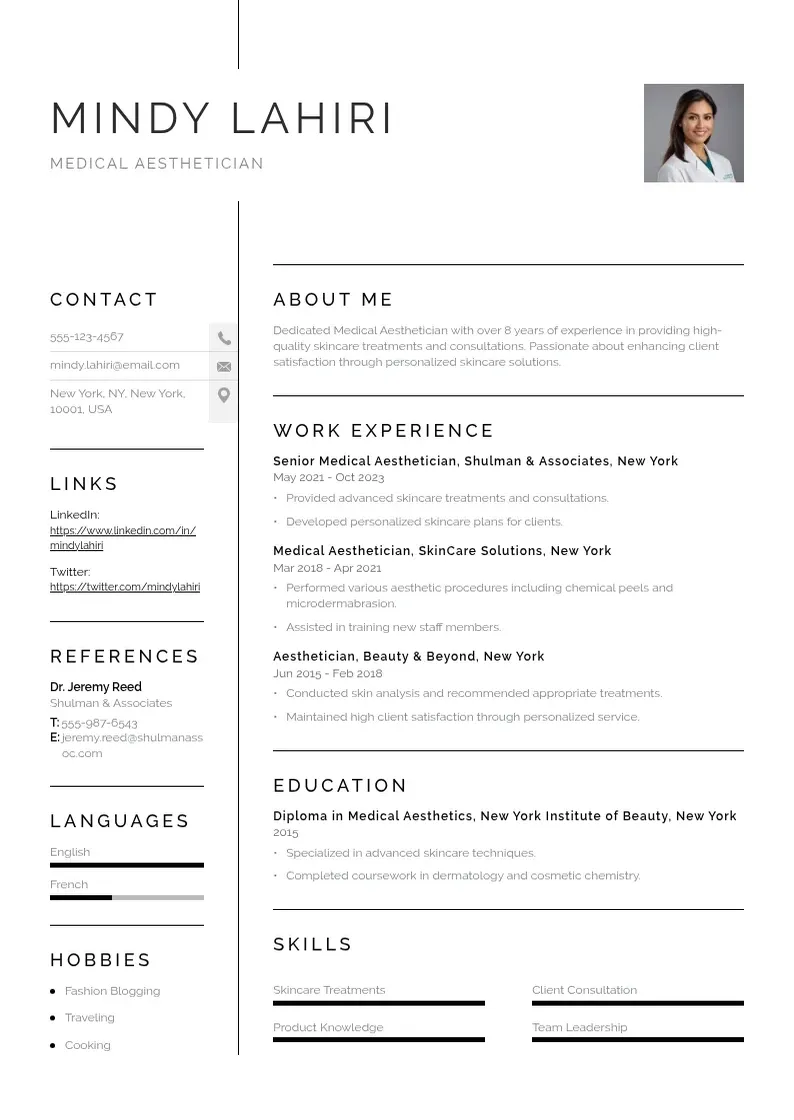 simple Medical aesthetician resume resume example