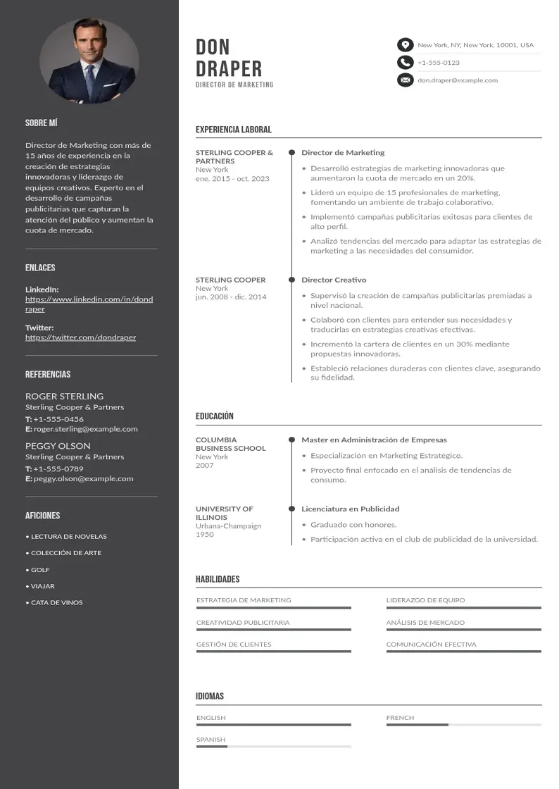 two column cv-director-de-marketing resume example