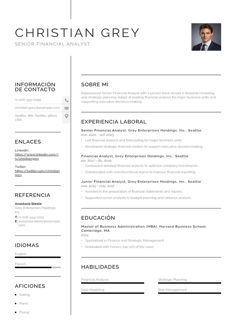 two column cv-analista-financiero-senior resume example