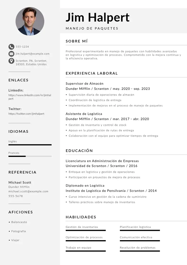 two column manejo-de-paquetes resume example