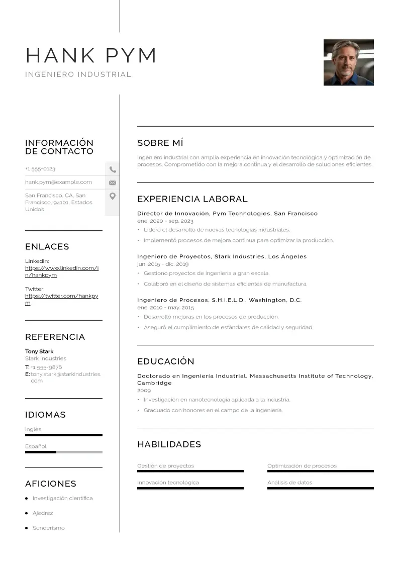 two column cv-ingeniero-industrial resume example