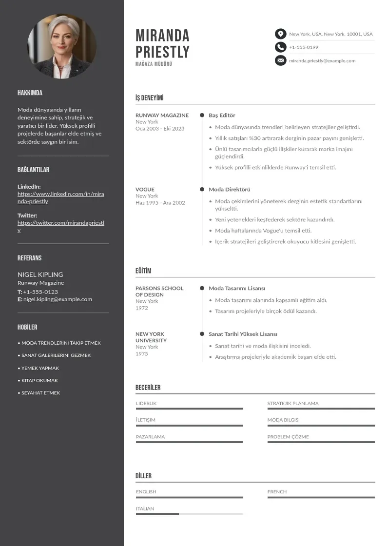 Divu kolonnu Magaza muduru CV piemērs