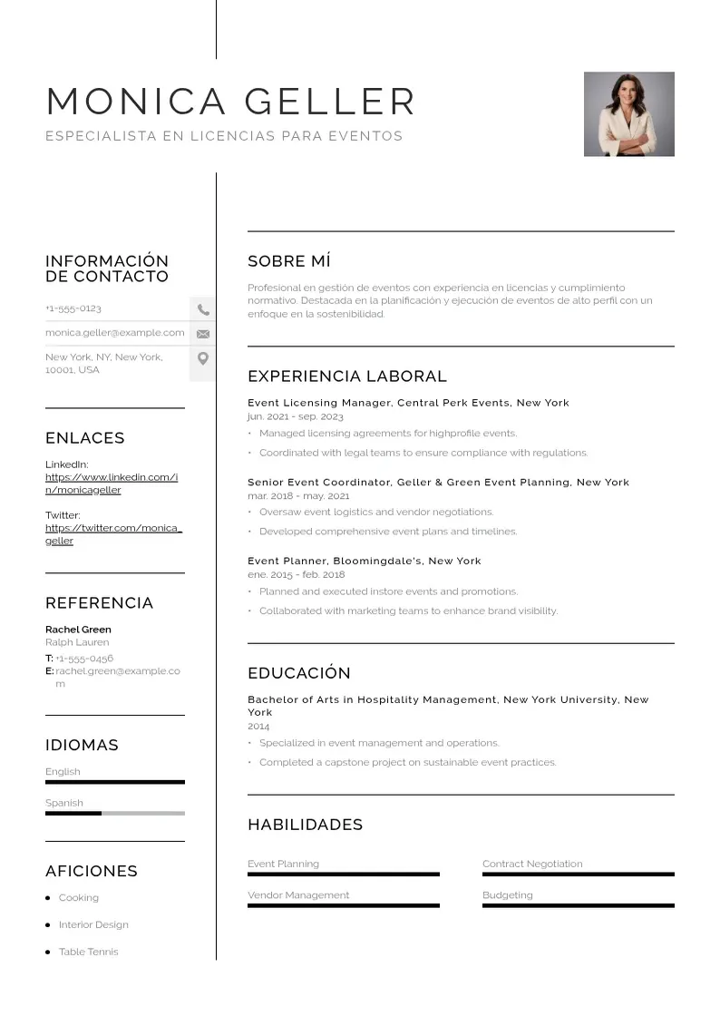 two column especialista-en-licencias-para-eventos resume example