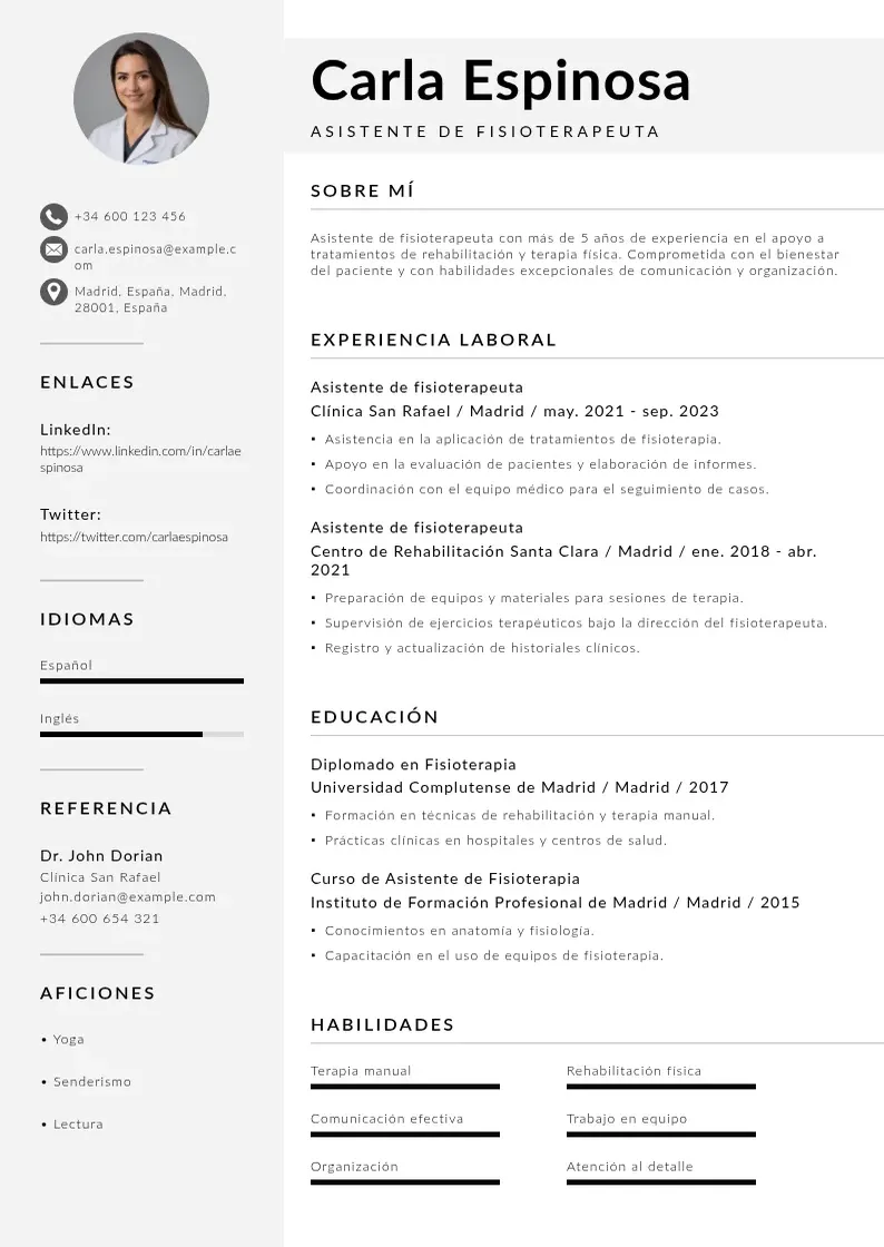 two column cv-asistente-de-fisioterapeuta resume example