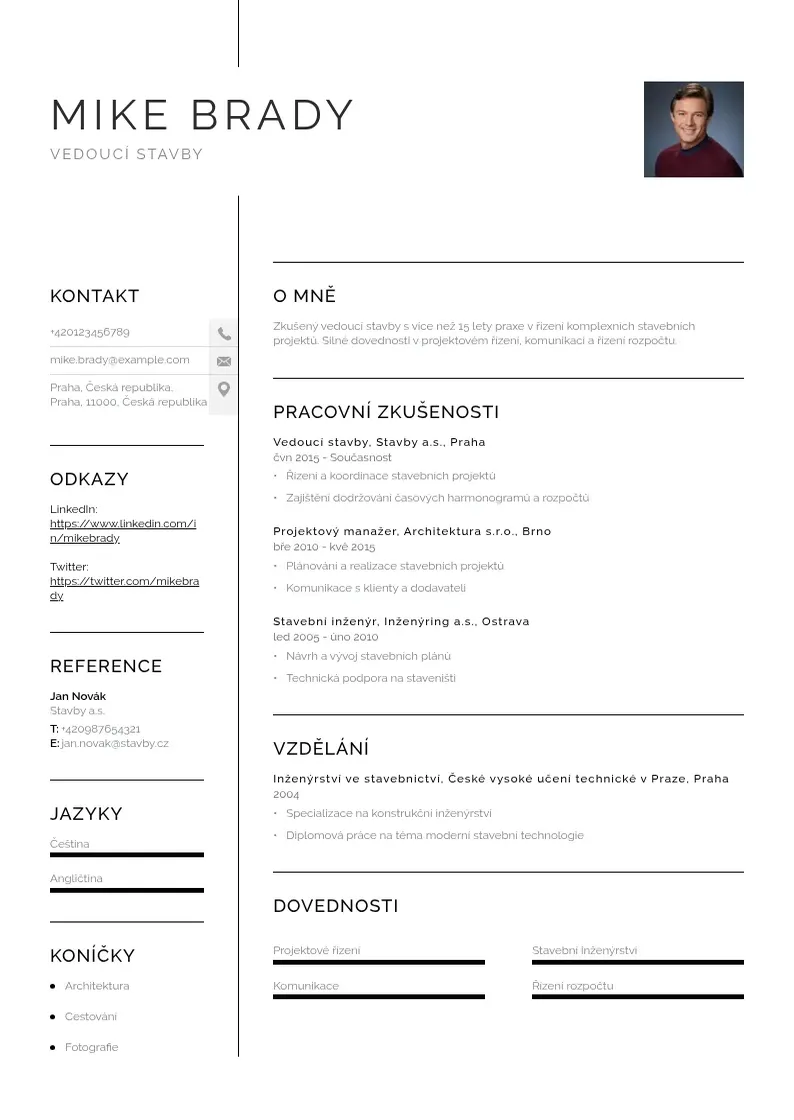 Vienkārša Zivotopis vedouciho stavby CV piemērs