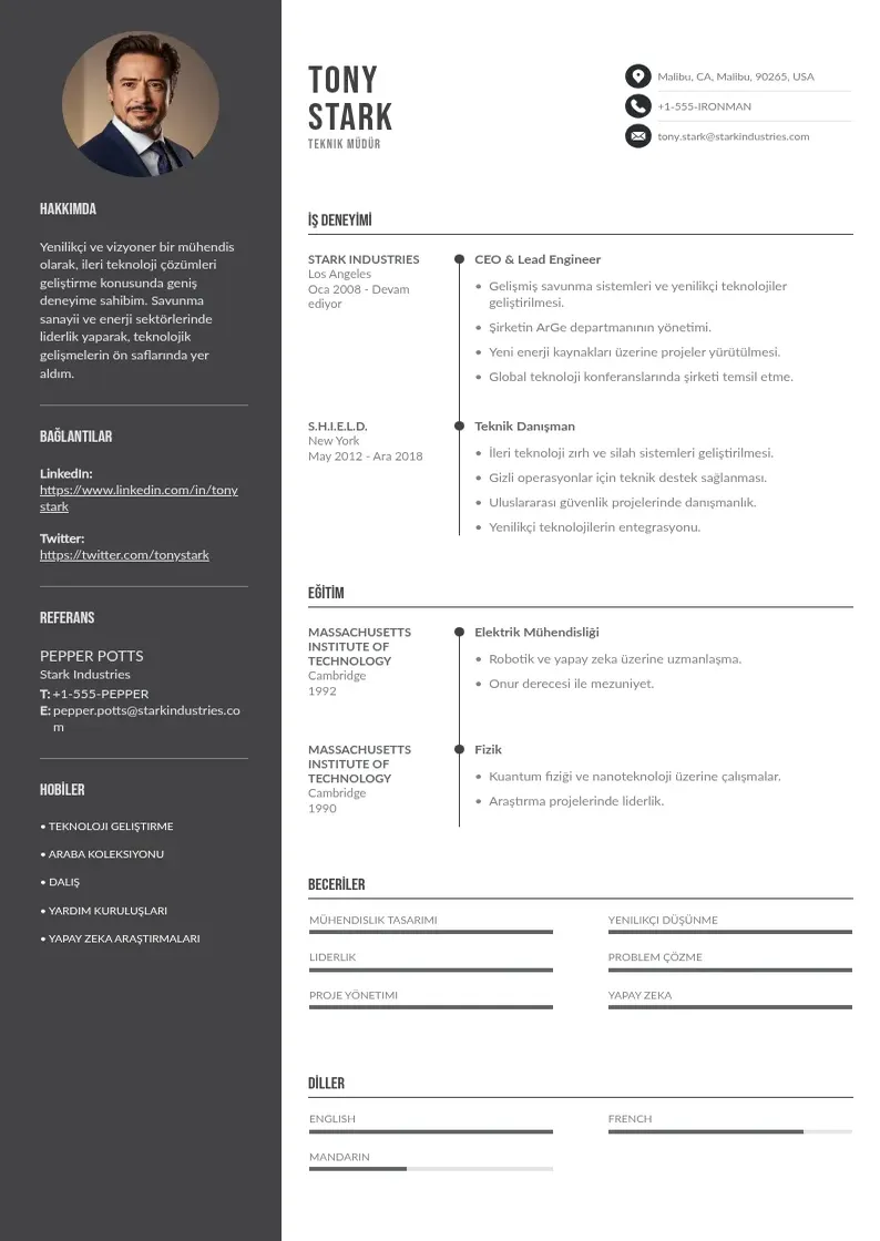 Divu kolonnu Teknik Müdür  CV piemērs