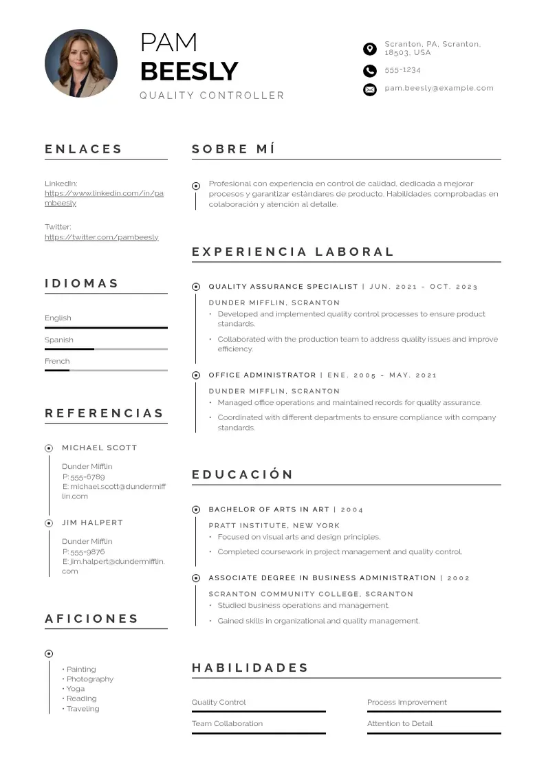 two column cv-controlador-de-calidad resume example