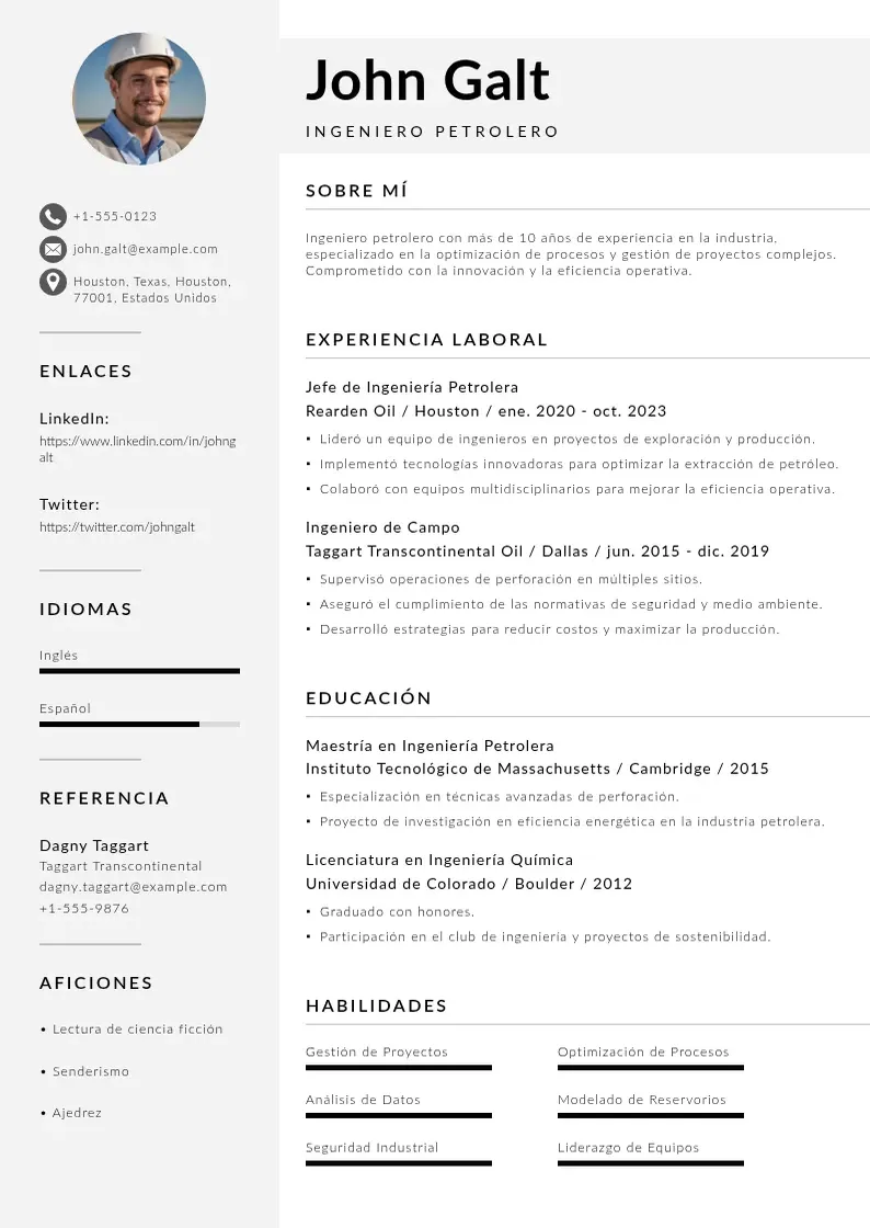 two column ingeniero-petrolero resume example