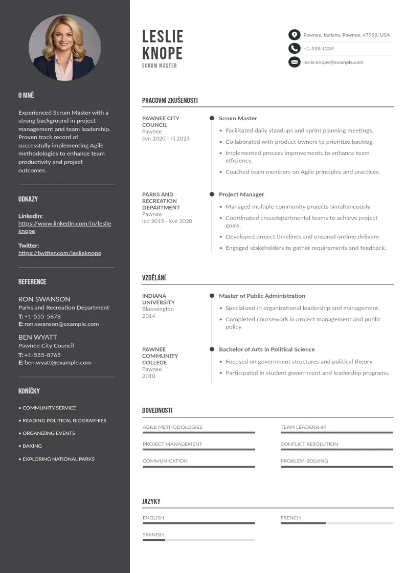 Divu kolonnu Scrum mastera zivotopis CV piemērs