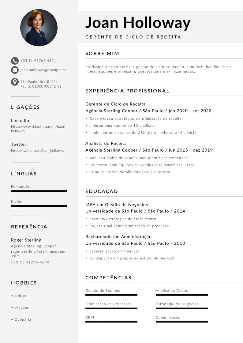 Modelo de currículo moderno de De gerente de ciclo de receita
