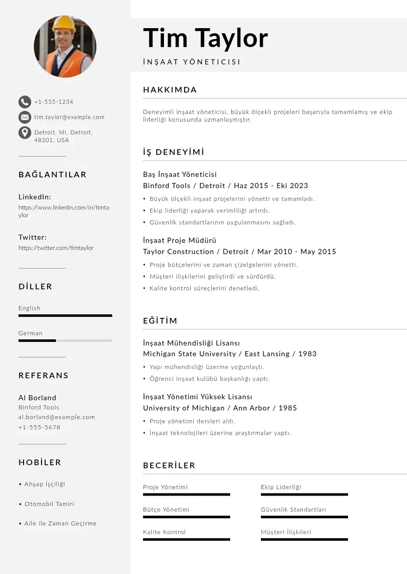Mūsdienīga Insaat yoneticileri icin ozgecmis CV veidne