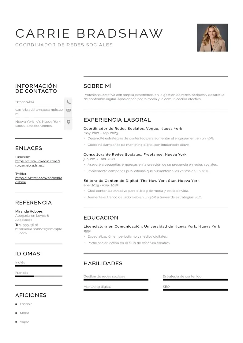 two column cv-coordinador-de-redes-sociales resume example