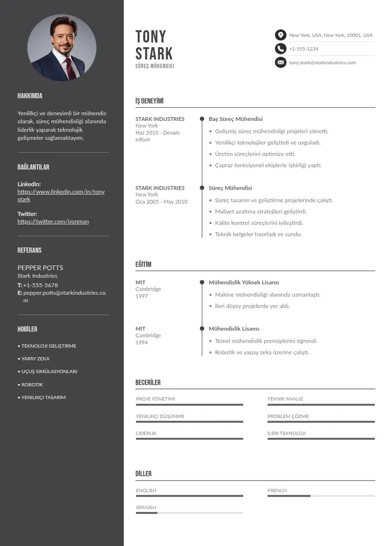 Divu kolonnu Süreç Mühendisi  CV piemērs