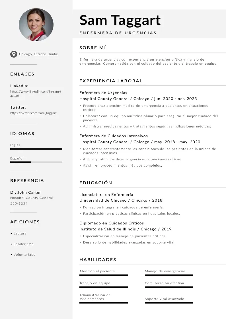 two column cv-enfermera-de-urgencias resume example