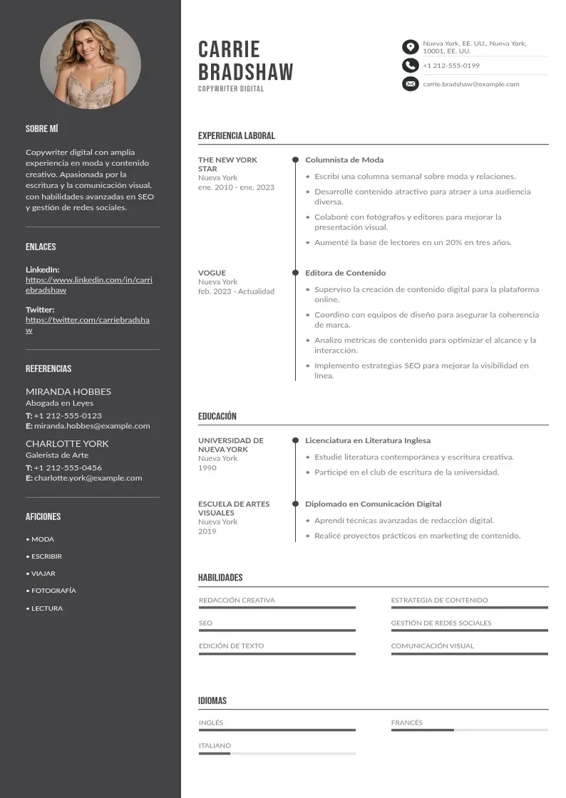 two column copywriter-digital resume example