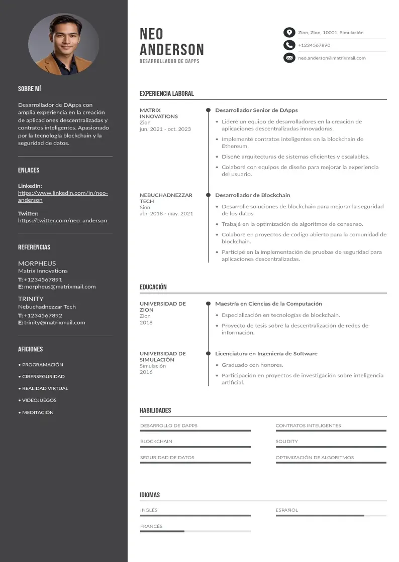 two column desarrollador-de-dapps-aplicaciones-descentralizadas resume example