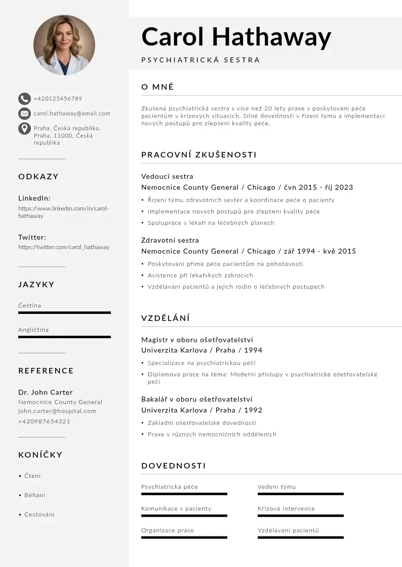 Mūsdienīga Psychiatrická sestra  CV veidne