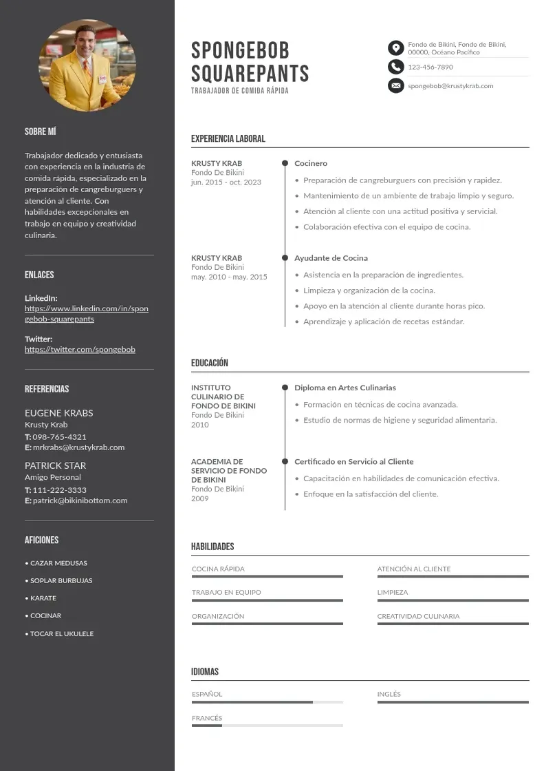 two column cv-trabajador-de-comida-rapida resume example