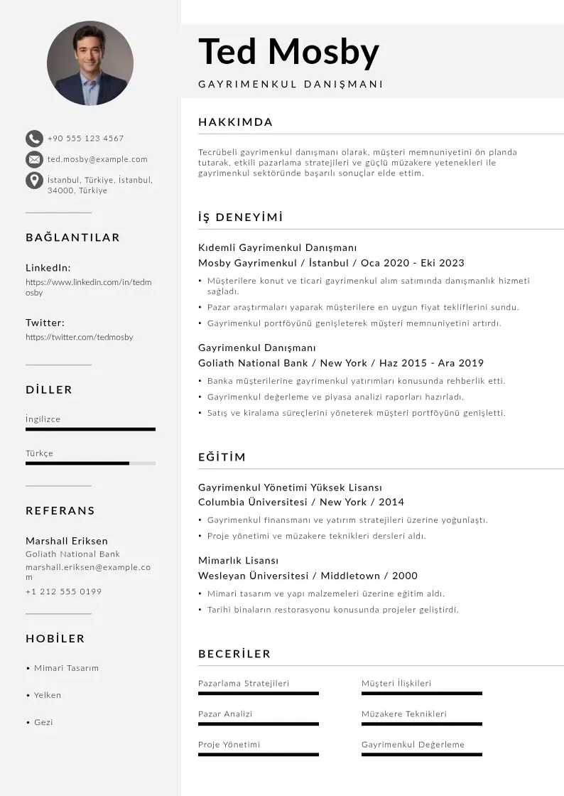 Mūsdienīga Gayrimenkul Danışmanı  CV veidne