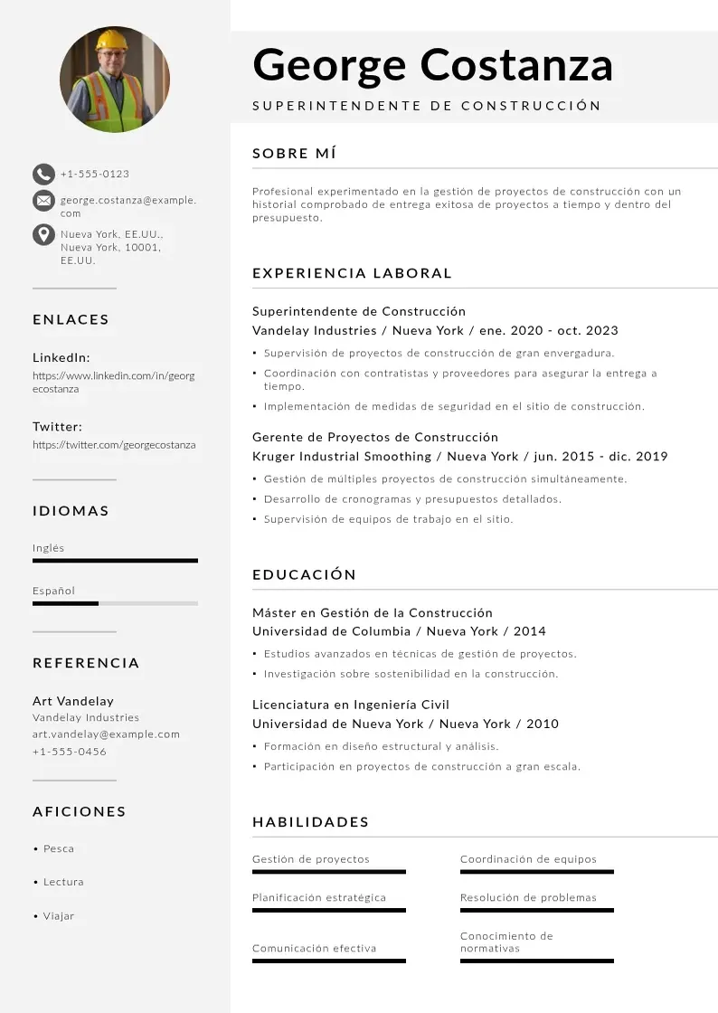 two column cv-superintendente-de-construccion resume example