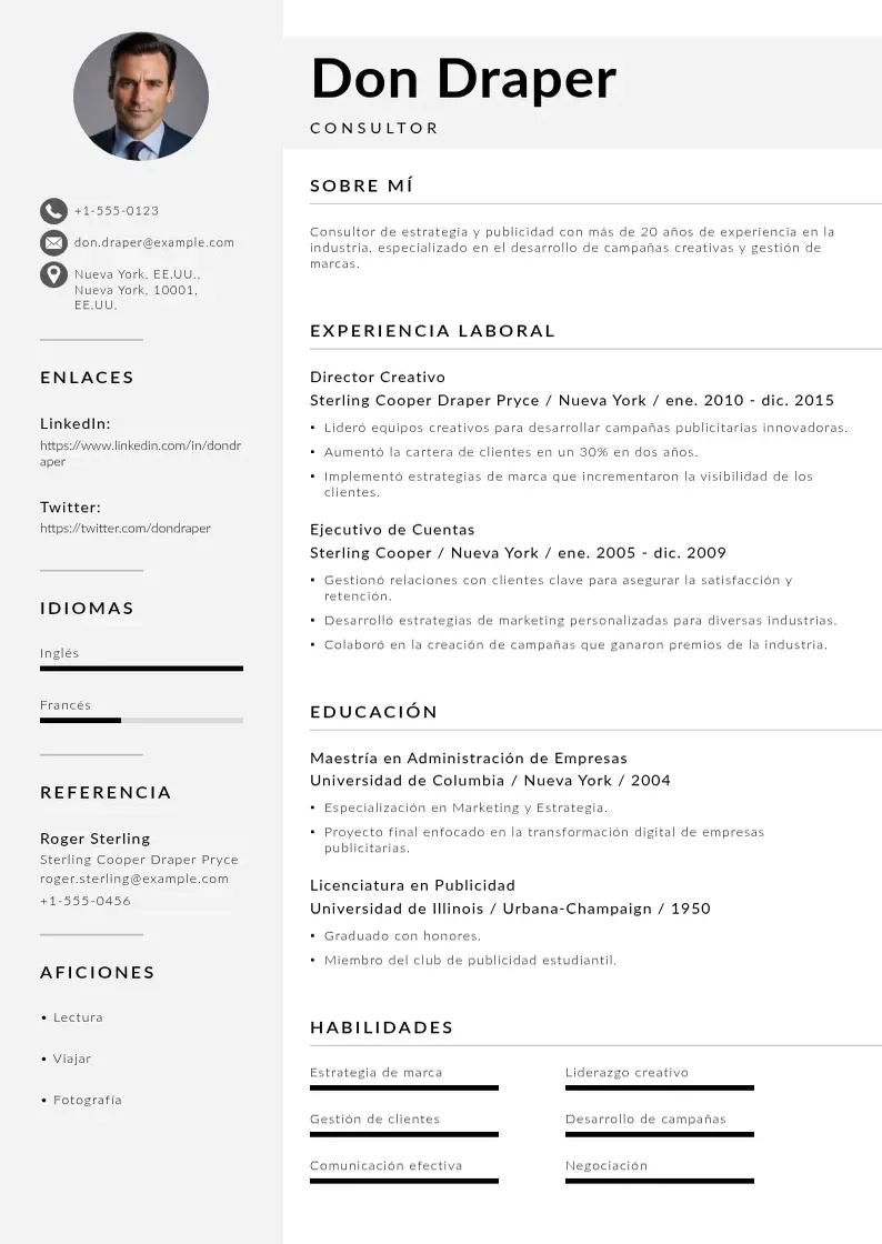 two column consultor resume example