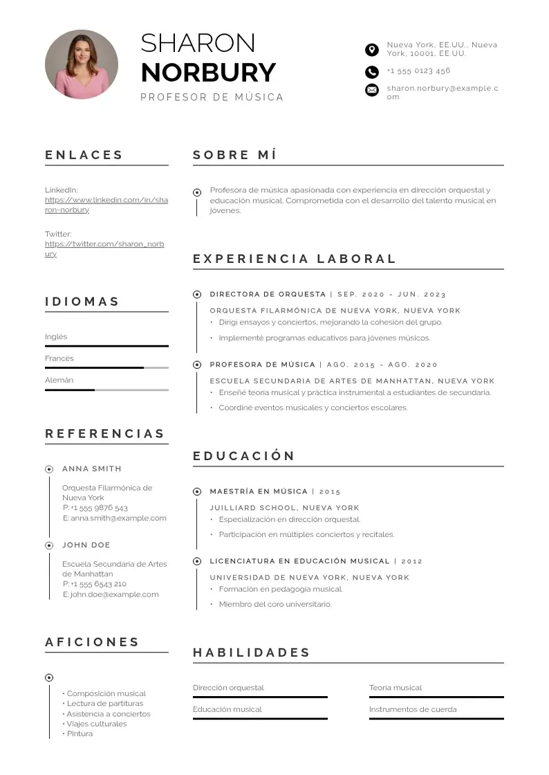 two column profesor-de-musica resume example