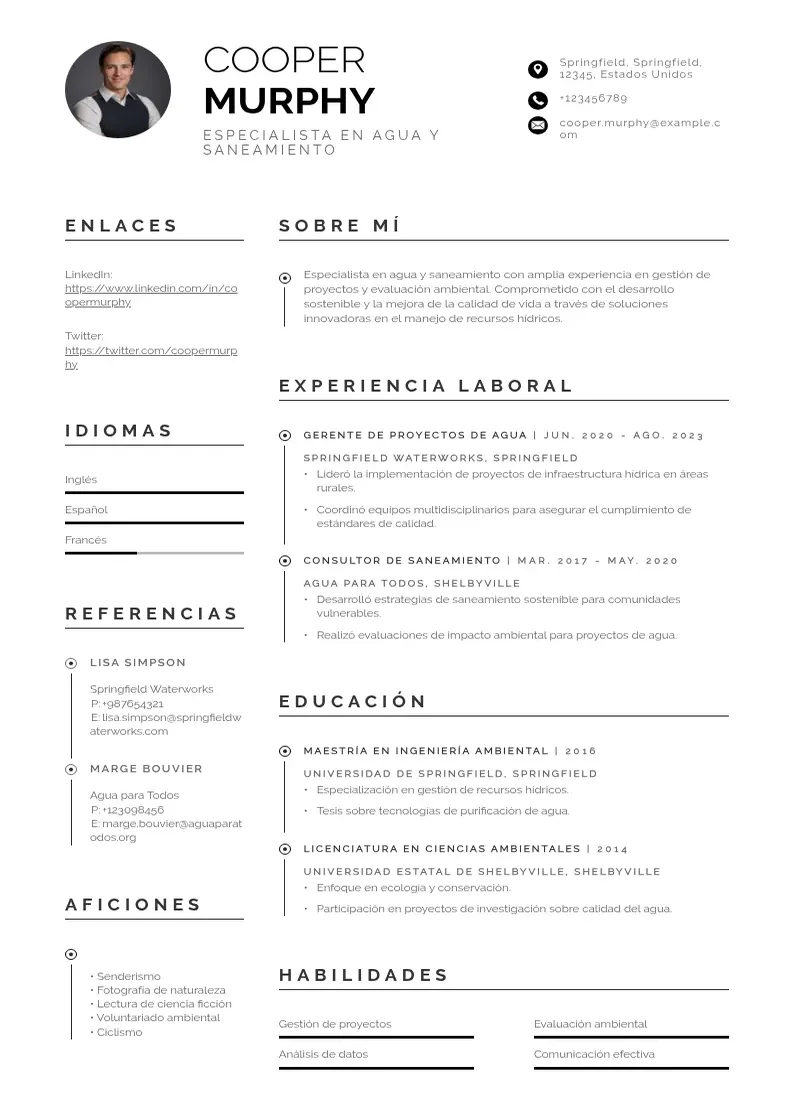two column especialista-en-agua-y-saneamiento resume example