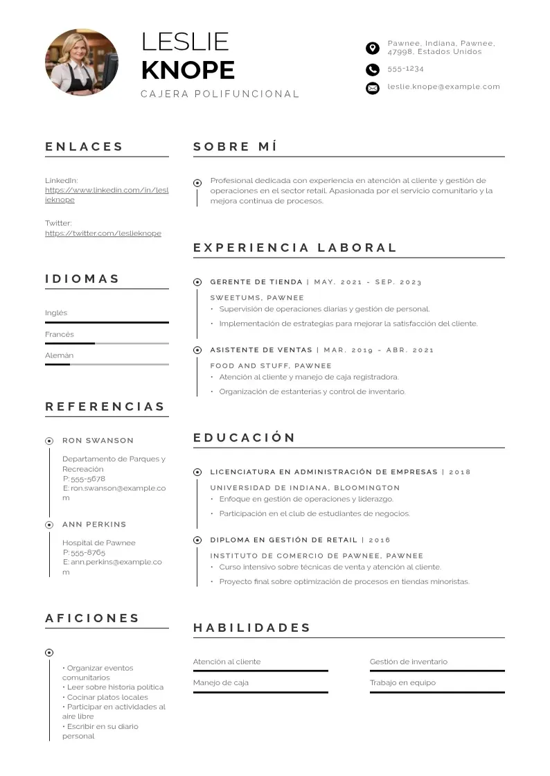 two column cv-cajera-polifuncional resume example