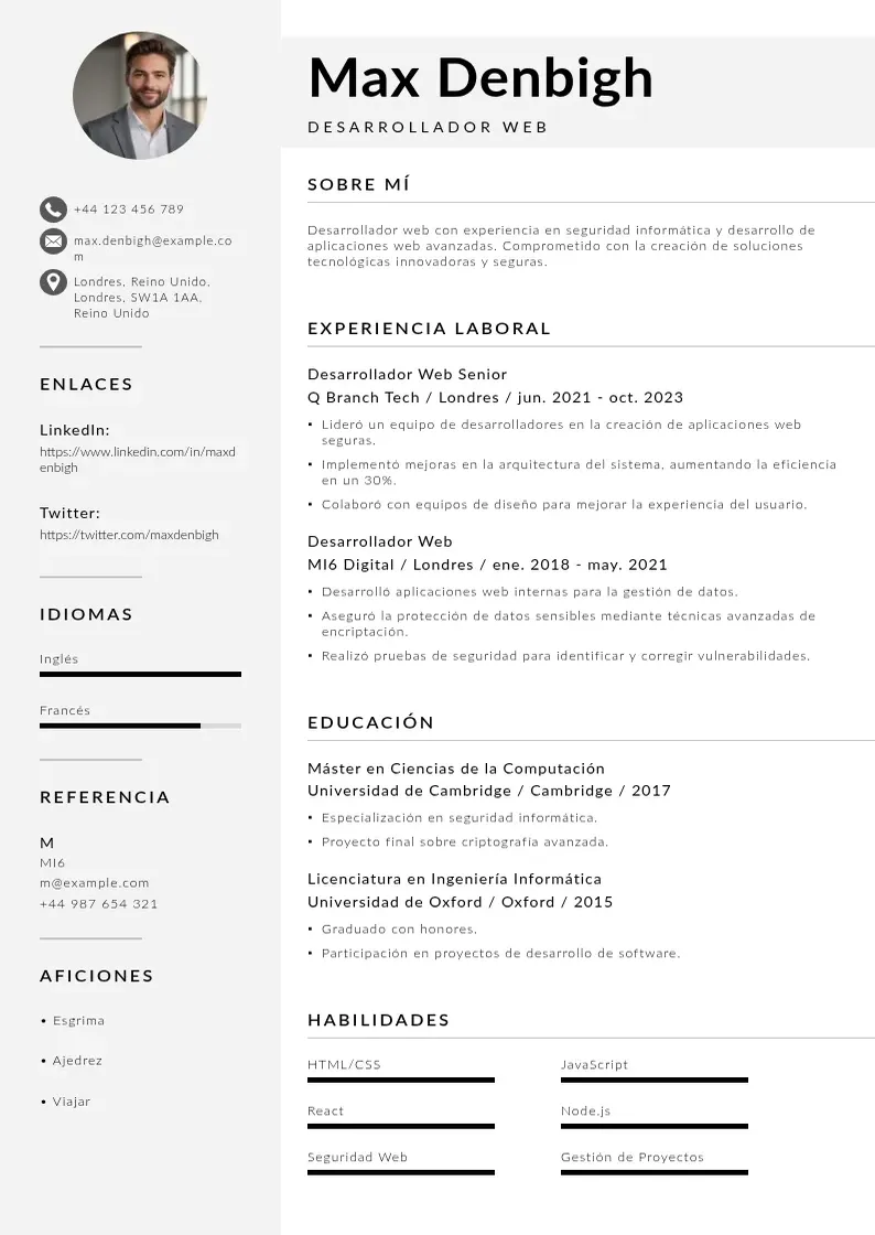 two column cv-desarrollador-web resume example