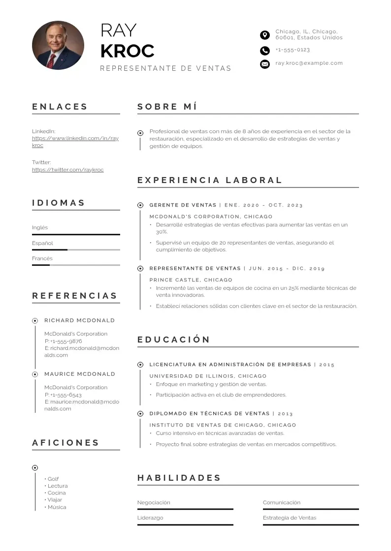 two column cv-representante-de-ventas resume example