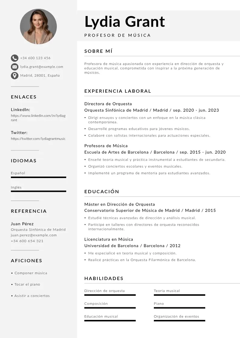 two column profesor-de-musica resume example