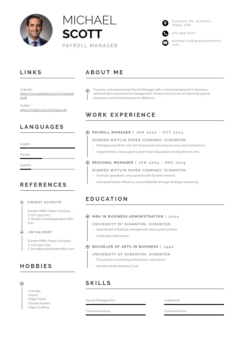 professional Payroll manager resume resume template