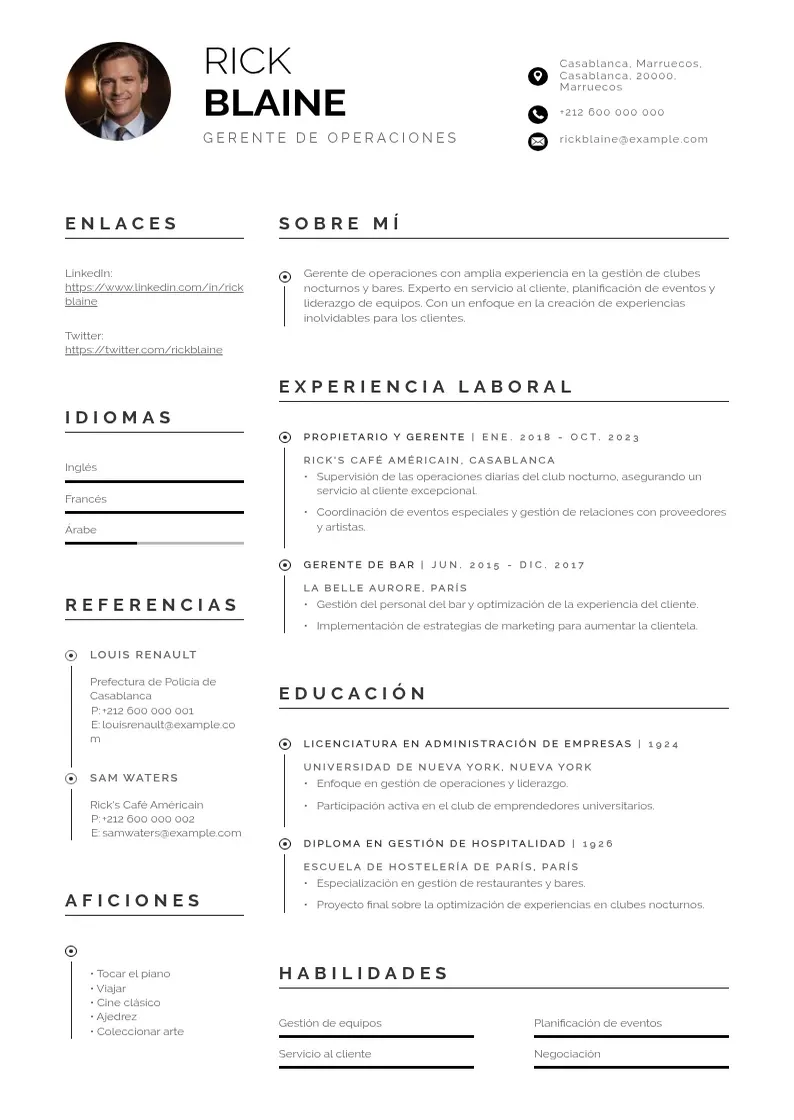 two column gerente-de-operaciones-de-club-nocturno resume example
