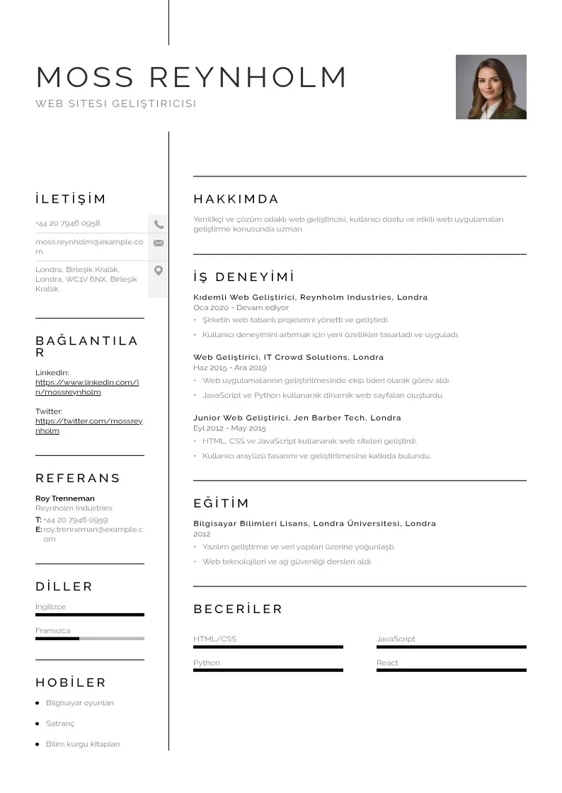 Vienkārša Web sitesi geliştiricisi  CV piemērs