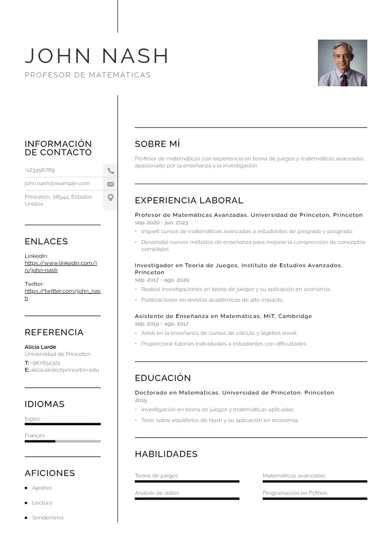 two column cv-profesor-de-matematicas resume example