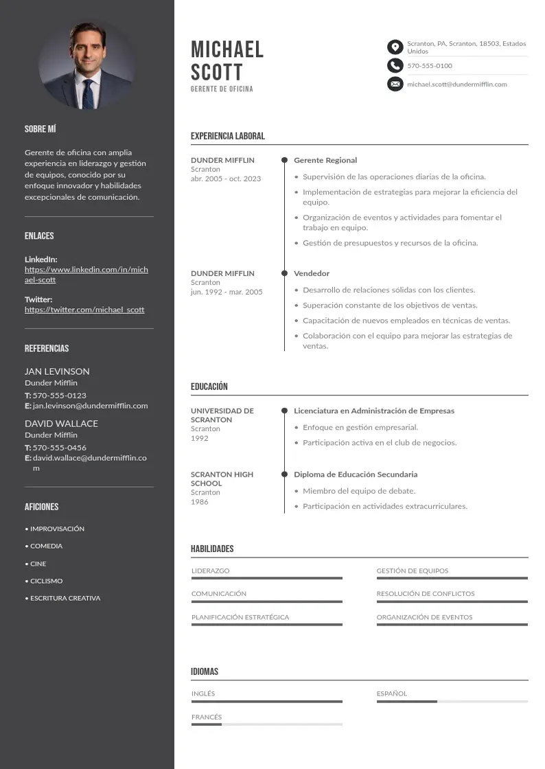 two column cv-gerente-de-oficina resume example