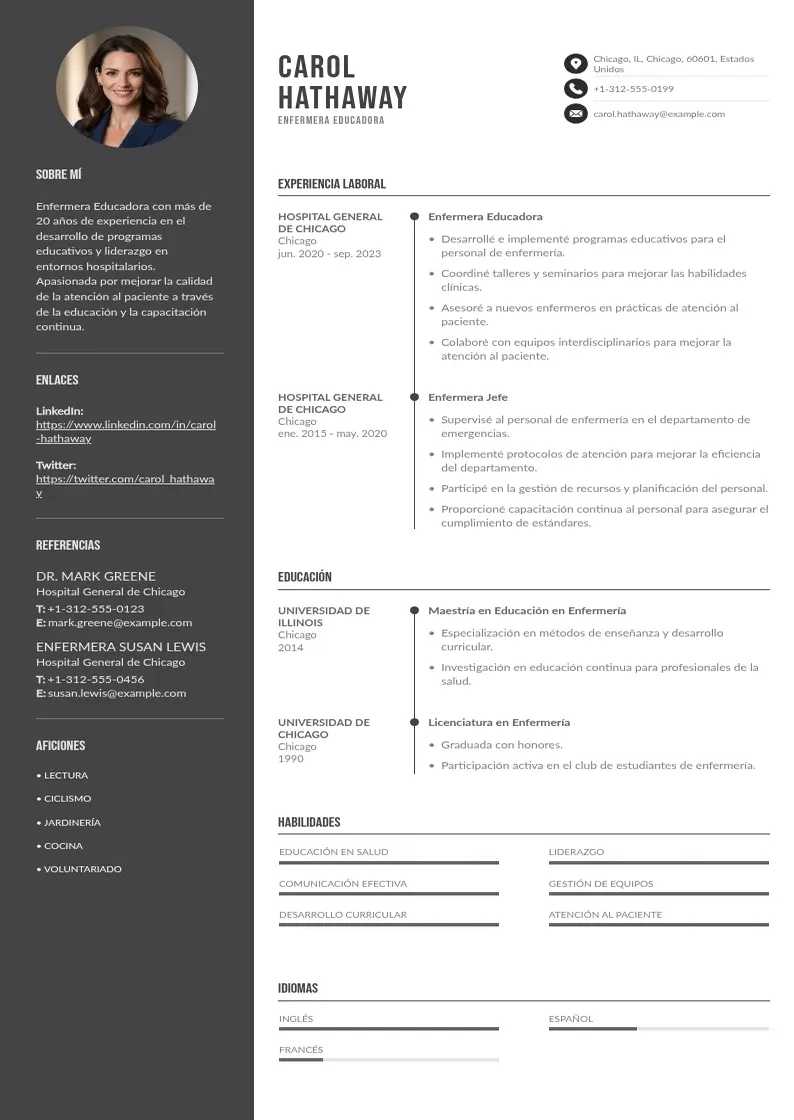two column enfermera-educadora resume example