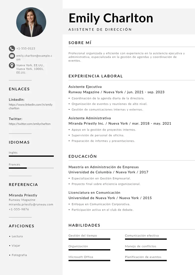 two column asistente-de-direccion resume example