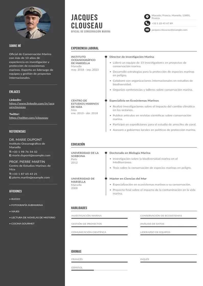 two column oficial-de-conservacion-marina resume example