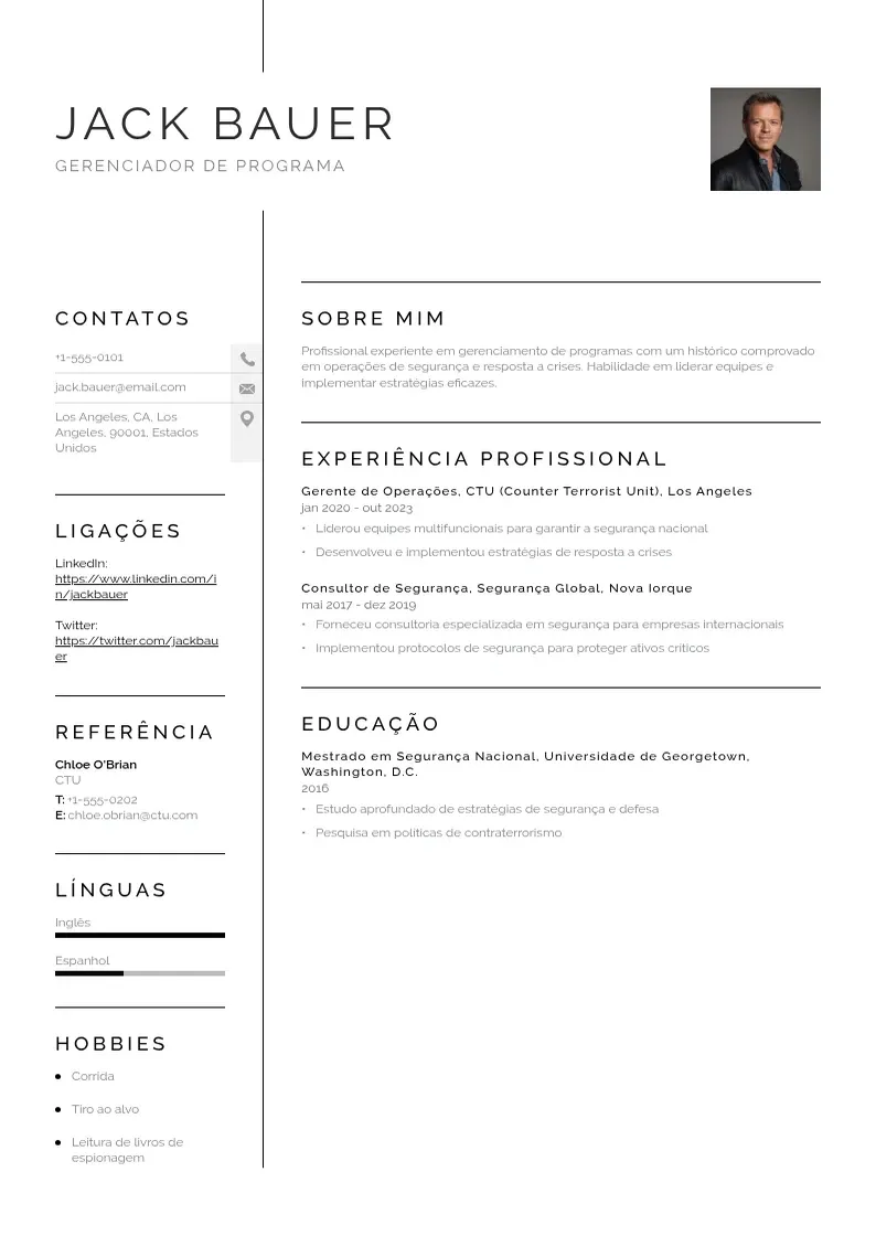 Exemplo de currículo simples de De gerenciador de programa