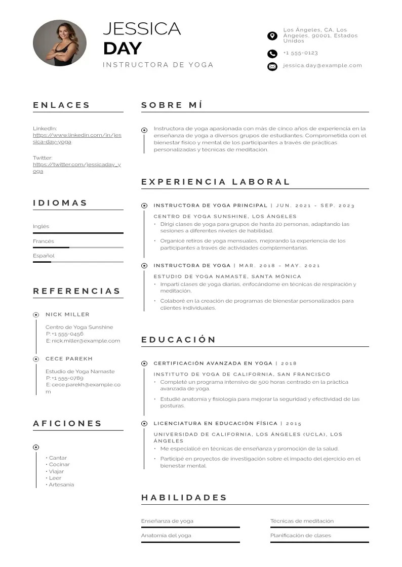 two column instructora-de-yoga resume example