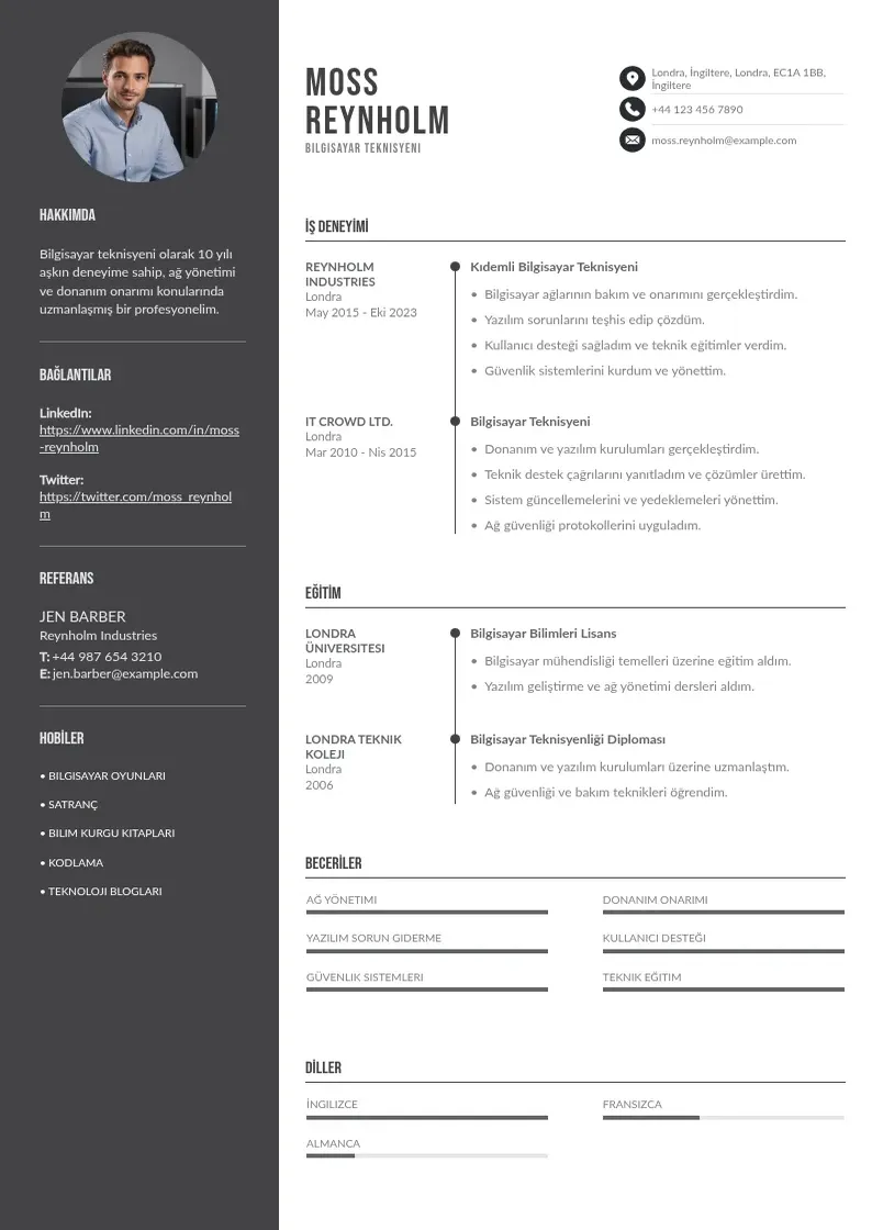 Divu kolonnu Bilgisayar teknisyeni  CV piemērs
