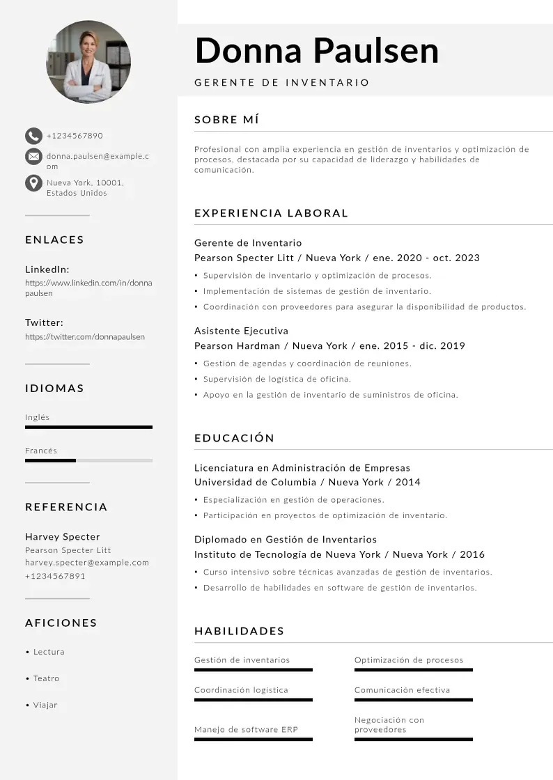 two column cv-gerente-de-inventario resume example